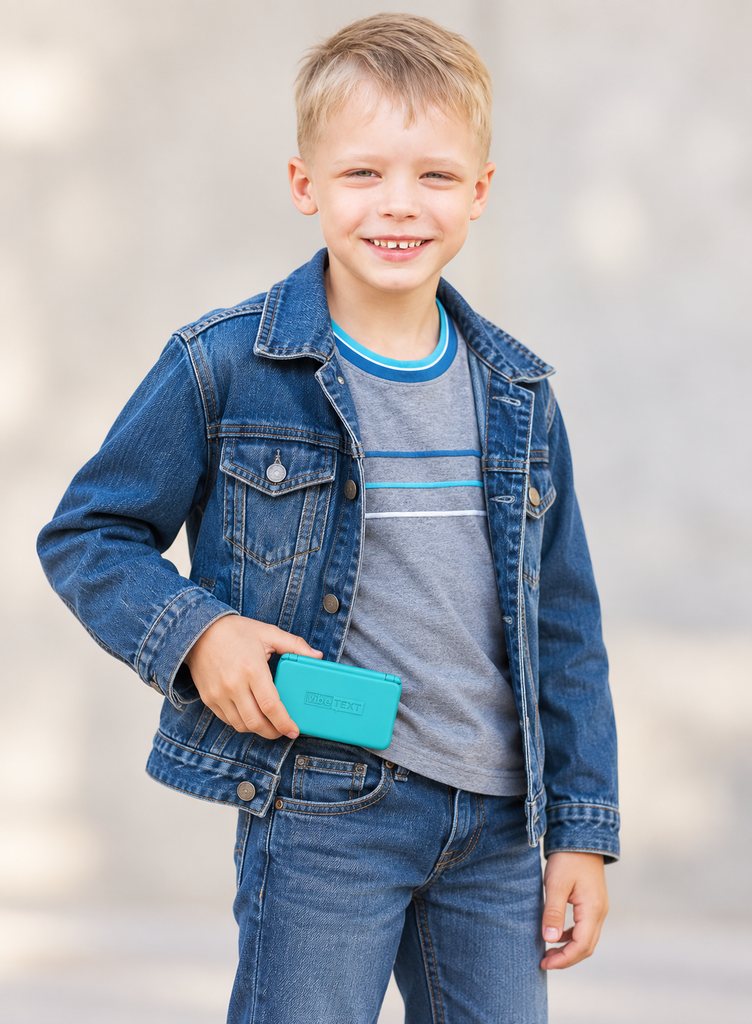 A child holding a vibeTEXT pocket communicator