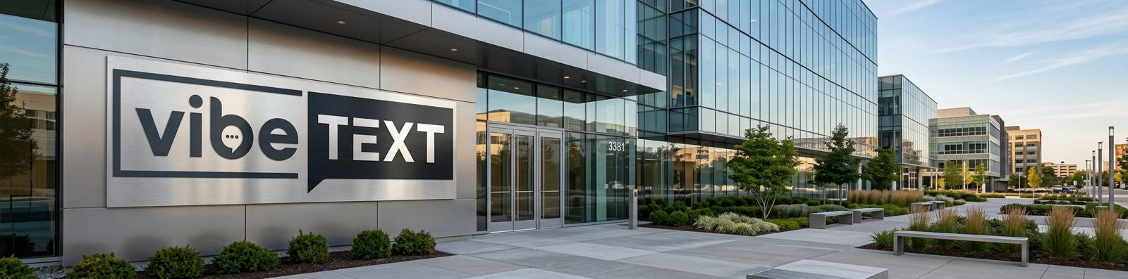 vibeTEXT logo displayed on a modern corporate office building